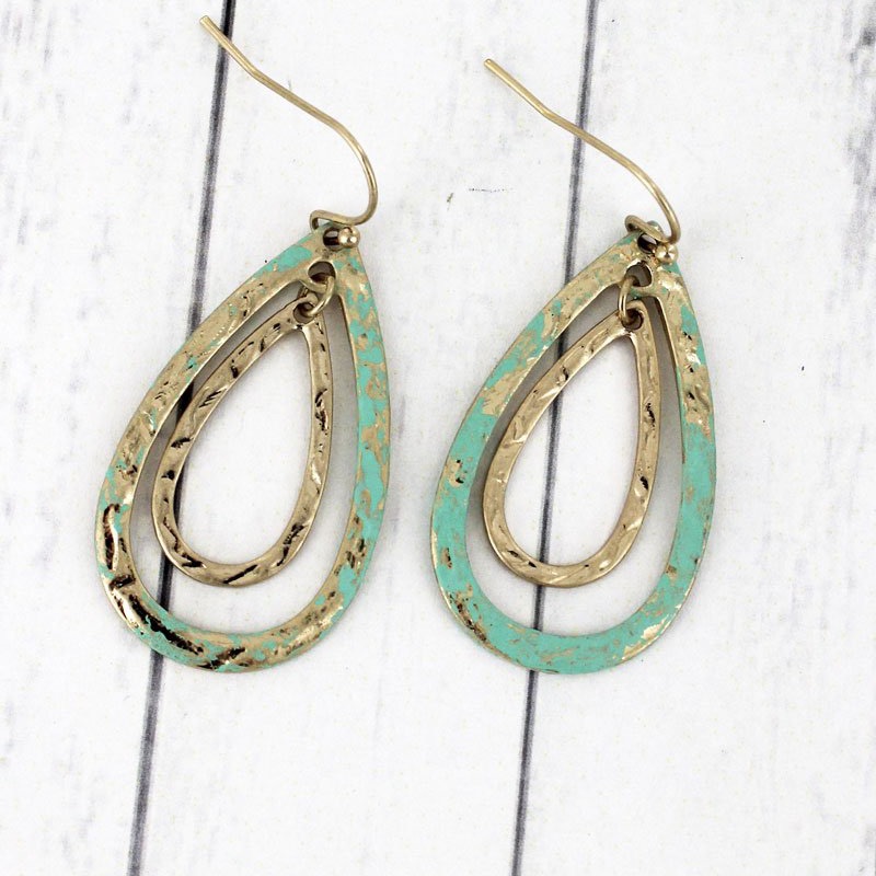 212- Goldtone Patina Double Teardrop Earrings 9$